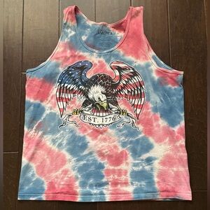 Men's Red Blue Tie Dye Eagle Graphic Patriotic Sleeveless Tank Top. Large